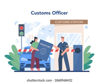 Customs officer concept. Passport control at the airport. Security checkpoint and registration in the airport. Metal detector for safety on board. Isolated flat vector illustration