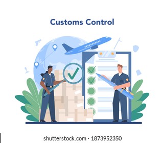 Customs officer concept. Passport control at the airport. Security checkpoint and registration in the airport. Metal detector for safety on board. Isolated flat vector illustration