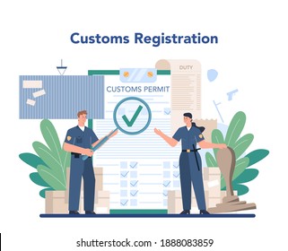 Concepto de oficial de aduanas. Control de pasaportes en el aeropuerto. Punto de control de seguridad y registro en el aeropuerto. Detector de metales para seguridad a bordo. Ilustración vectorial plana aislada