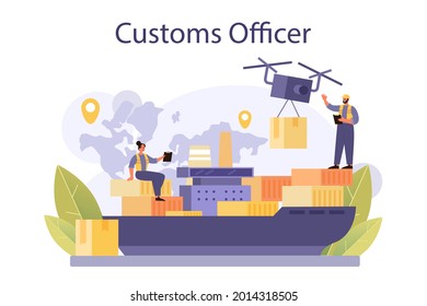 Customs officer concept. Passport control at the airport. Metal detector control for safety on board. International trade and destribution checkpoint and registration. Flat vector illustration