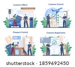 Customs officer concept set. Passport control at the airport. Security checkpoint and registration in the airport. Metal detector for safety on board. Isolated flat vector illustration
