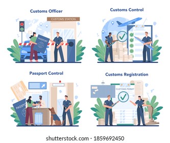 Customs officer concept set. Passport control at the airport. Security checkpoint and registration in the airport. Metal detector for safety on board. Isolated flat vector illustration