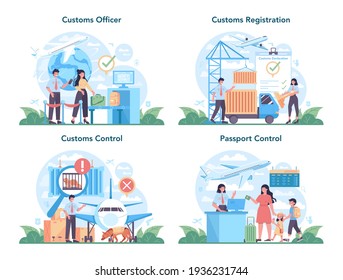 Customs officer concept set. Passport control at the airport. Security