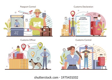 Customs officer concept set. Passport control at the airport. Security checkpoint and registration in the airport. Metal detector control for safety on board. Flat vector illustration