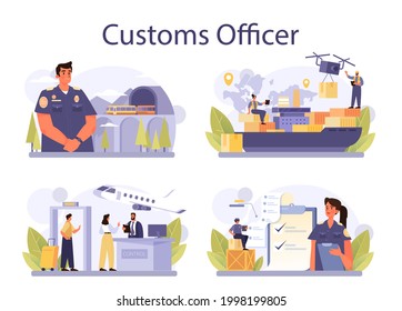 Customs officer concept set. Passport control at the airport. Metal detector control for safety on board. International trade and destribution checkpoint and registration. Flat vector illustration