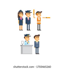 Customs Officer, Controller, Traffic Controller, Stewardess, Pilot, Airport Staff. Pixel Art. Old School Computer Graphic. Element Design Stickers, Logo, Mobile App, Menu.