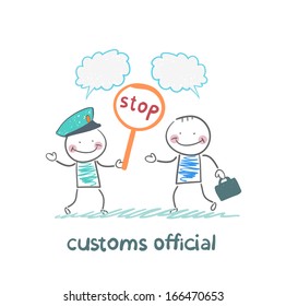 customs officer holding a stop sign
