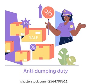 Customs officer illustration monitoring tariffs and sales on imported goods, representing anti-dumping duties. Vector illustration.