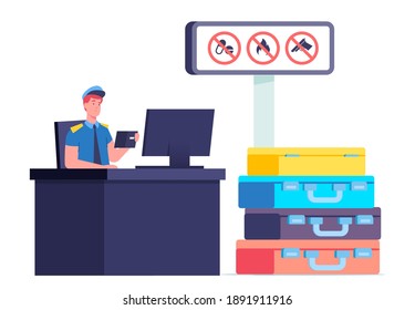 Customs Officer Male Character Sitting at Desk with Computer Looking in Tourist Foreign Passport with Pile of Suitcases near Billboard with Forbidden Cargo Information. Cartoon Vector Illustration