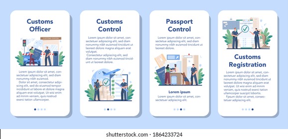 Customs officer mobile application banner set. Passport control at the airport. Security checkpoint and registration in the airport. Metal detector for safety. Isolated flat vector illustration