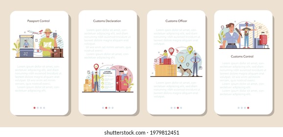 Customs officer mobile application banner set. Passport control at the airport. Security checkpoint and registration in the airport. Metal detector control. Flat vector illustration
