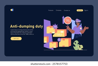 Customs Officer Monitoring Anti-Dumping Duties. Vector illustration of government official enforcing fair trade by regulating imported goods with tariffs.