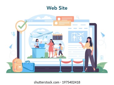 Customs officer online service or platform. Passport control at the airport. Security checkpoint and registration in the airport. Website. Flat vector illustration