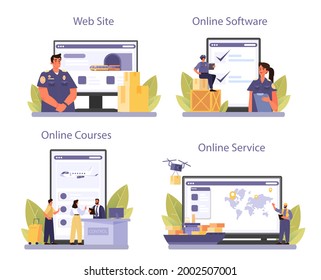 Customs officer online service or platform set. Passport control at the airport. International trade and destribution checkpoint. Online course, software, service, website. Flat vector illustration