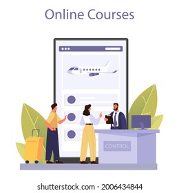 Customs officer online service or platform. Passport control at the airport. International trade and destribution checkpoint. Online course. Flat vector illustration