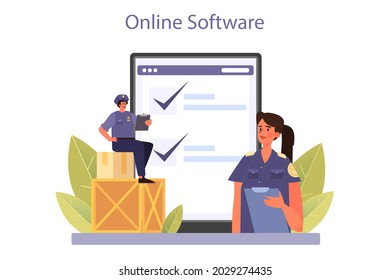 Customs Officer Online Service Or Platform. Passport Control At The Airport. International Trade And Destribution Checkpoint. Online Software. Flat Vector Illustration