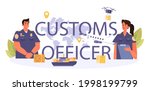 Customs officer typographic header. Passport control at the airport. Metal detector control. International trade and destribution checkpoint and registration. Flat vector illustration