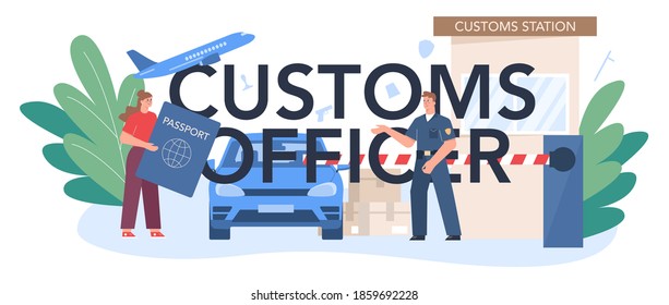 Customs officer typographic header. Passport control at the airport. Security checkpoint and registration in the airport. Metal detector for safety on board. Isolated flat vector illustration