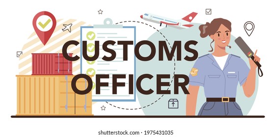 Customs officer typographic header. Passport control at the airport. Security checkpoint and registration in the airport. Metal detector control. Flat vector illustration