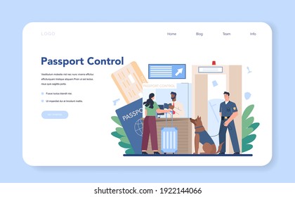 Customs officer web banner or landing page. Passport control at the airport. Security checkpoint and registration in the airport. Metal detector for safety. Isolated flat vector illustration