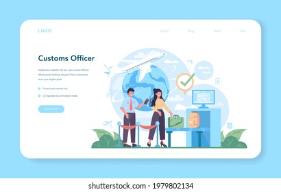 Customs officer web banner or landing page. Passport control at the airport. Security checkpoint and registration in the airport. Metal detector for safety on board. Flat vector illustration