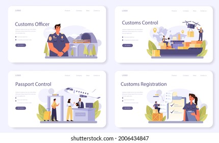 Customs officer web banner or landing page set. Passport control at the airport. Metal detector control. International trade and destribution checkpoint and registration. Flat vector illustration