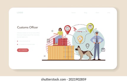 Customs officer web banner or landing page. Passport control at the airport. Security checkpoint and registration in the airport. Metal detector control. Flat vector illustration