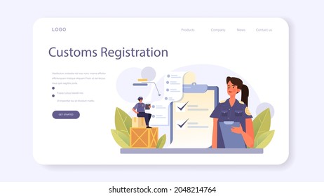 Customs officer web banner or landing page. Passport control at the airport. Metal detector control. International trade and destribution checkpoint and registration. Flat vector illustration