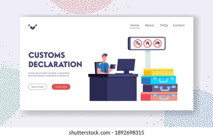 Customs Officer Work Landing Page Template. Male Character Sit at Desk Looking in Tourist Passport with Pile of Suitcases near Billboard with Forbidden Cargo Information. Cartoon Vector Illustration
