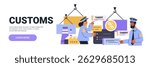 Customs officers discussing tariffs with shipping containers and documents in background. Colorful elements depict trade and tariff themes. Website banner