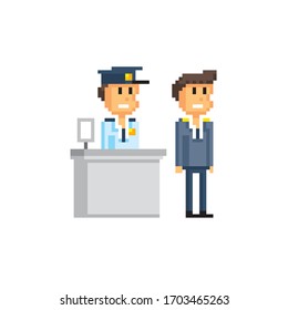 Customs, passport control, airport staff. Pixel art. Old school computer graphic. Element design stickers, logo, mobile app, menu. 8 bit video game. Game assets 8-bit sprite. 16-bit.