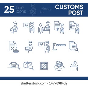 Customs post icons. Set of line icons. Document inspection, customs control, document box. Inspection concept. Vector illustration can be used for topics like immigration, shipment, logistics