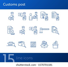 Customs post icons. Set of line icons. Document inspection, customs control, document box. Inspection concept. Vector illustration can be used for topics like immigration, shipment, logistics