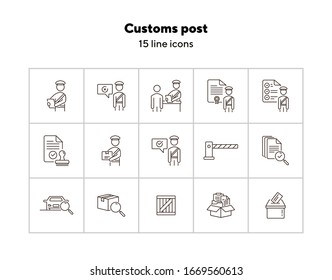 Customs post icons. Set of line icons. Document inspection, customs control, document box. Inspection concept. Vector illustration can be used for topics like immigration, shipment, logistics