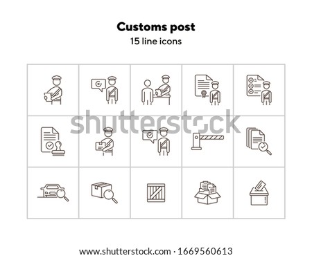 Customs post icons. Set of line icons. Document inspection, customs control, document box. Inspection concept. Vector illustration can be used for topics like immigration, shipment, logistics