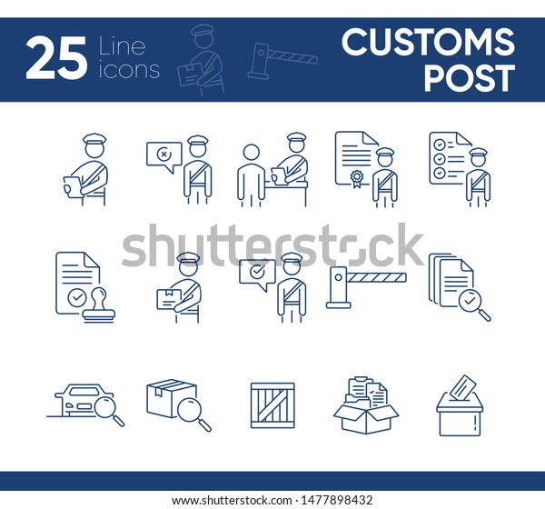 Customs post icons. Set of line icons. Document
inspection, customs control, document box. Inspection concept.
Vector illustration can be used for topics like immigration,
shipment, logistics