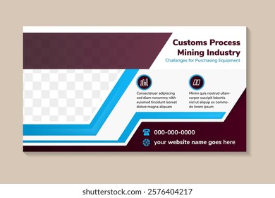 customs process mining industry banner horizontal  with space for photo. infographic design with icon and text. blue and brown element with white and grey background. 