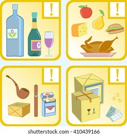 Customs restriction icon set. Examples of restricted goods for  individuals. Alcohol,  tobacco, food products and consignments with some limits for importation.