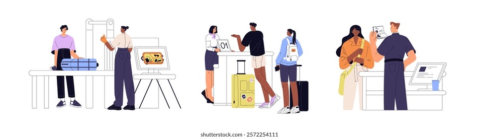 Customs safety set. Guards of baggage and passport control inspect crossing border tourists. Travelling passengers are at check in counter, registration. Flat isolated vector illustrations on white