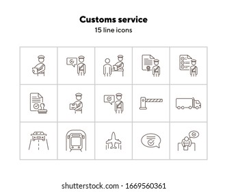 Customs service icons. Set of line icons. Check of package, truck, airplane, train. Logistics concept. Vector illustration can be used for topics like shipment, transportation, delivery