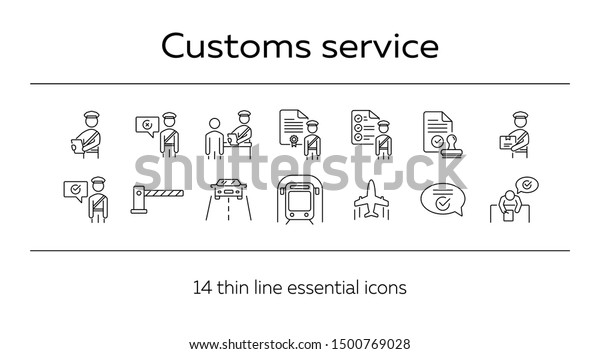 Customs service icons. Set of line icons. Check\
of package, truck, airplane, train. Logistics concept. Vector\
illustration can be used for topics like shipment, transportation,\
delivery