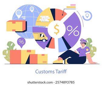 Customs Tariff concept. Visual interpretation of import taxation, showcasing global trade logistics, duties, and economic policy. Vector illustration.