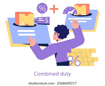 Customs Tariffs concept. An analyst assesses import duties with charts showing percentages and costs. Global trade regulation through taxation. Vector illustration.