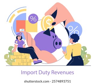 Customs Tariffs concept. A businesswoman and an officer oversee import duty revenues, symbolized by a piggy bank and coins. Economy and taxation illustration. Vector illustration.