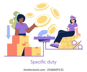 Customs Tariffs concept. Illustration of a customs officer and merchant calculating import duties. Exchange of coins symbolizing tariff payment. Vector illustration.