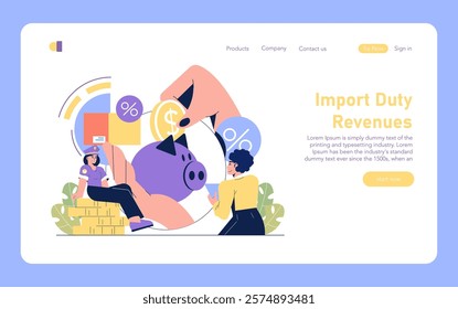 Customs Tariffs concept. Illustration of officials managing import duties and revenues. Figures interacting with finance symbols, indicating economic policy. Vector illustration.