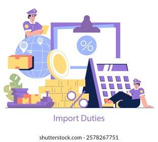 Customs Tariffs concept. International trade and import duties visualization featuring officers, calculator, and cargo ship. Global economy regulation. Vector illustration.