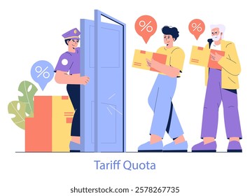 Customs Tariffs concept. Officer monitoring imported goods as consumers face percentages, indicating cost adjustments. Import duty regulations. Vector illustration.