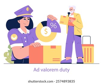 Customs Tariffs concept. A customs officer reviewing percentage tariffs on imports, with a traveler holding documents. International trade and tax. Vector illustration.