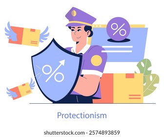 Customs Tariffs concept. Officer wields shield with percentages, safeguarding against flying parcels. Trade protection and import policy. Vector illustration.